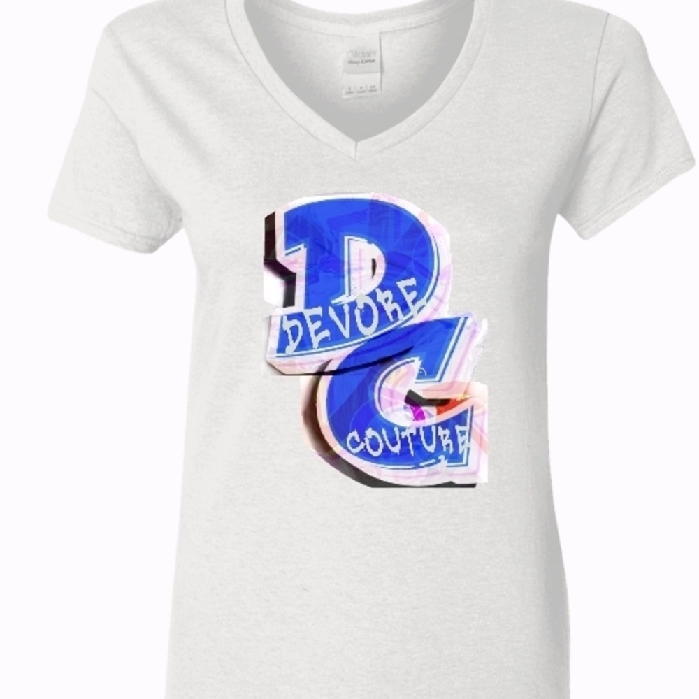 White V-Neck Tee with Blue Graphic